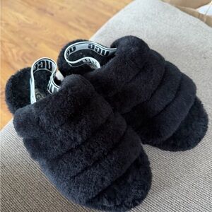 UGG Black Fluffy Slippers